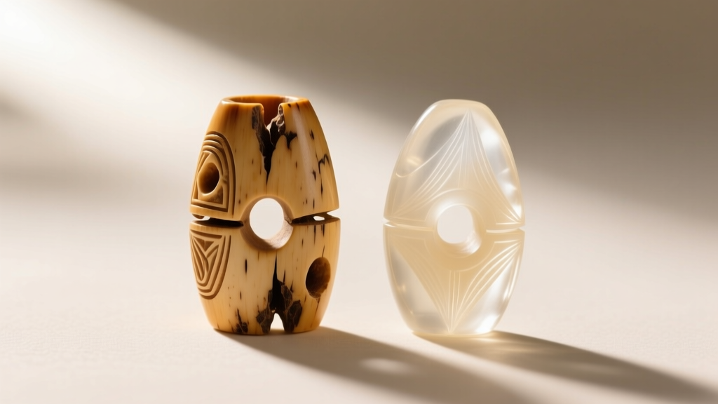 Macro photo of an ancient African carved bone bead beside a resin replica, showing natural marrow pores and hand-carved tool marks.