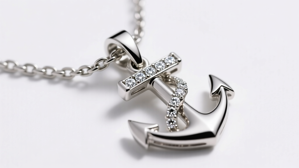 Macro shot of a 1.2mm platinum box chain through a fixed diamond bail on a nautical anchor pendant under studio lighting.