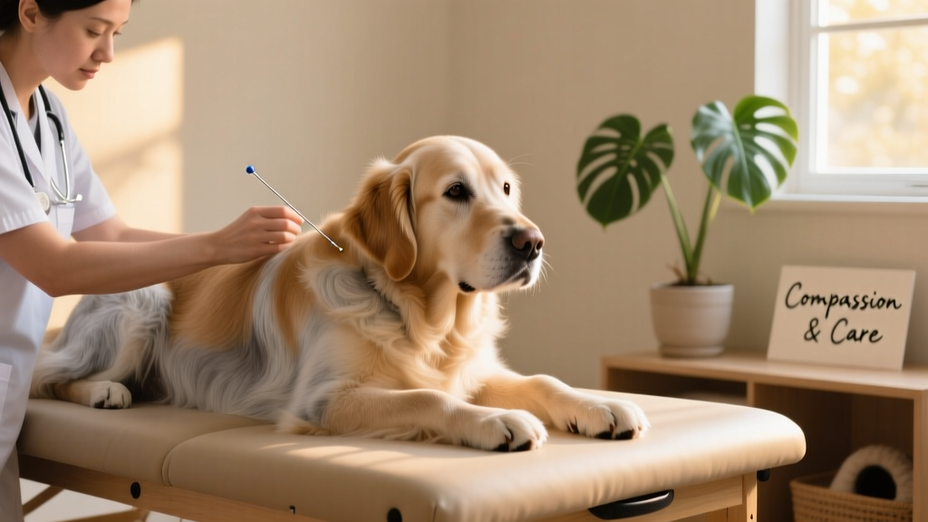 A senior dog receiving gentle acupuncture treatment while resting calmly on a padded table