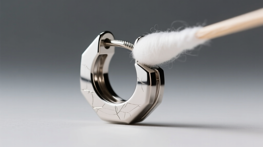 Macro shot of a titanium barbell earring cleaned with a cotton swab, highlighting the polished metal and threading details.