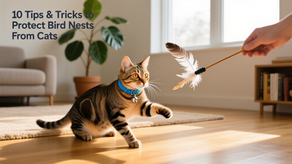 A cat wearing a bright blue breakaway collar with a small silver bell, playing with a feather wand toy indoors