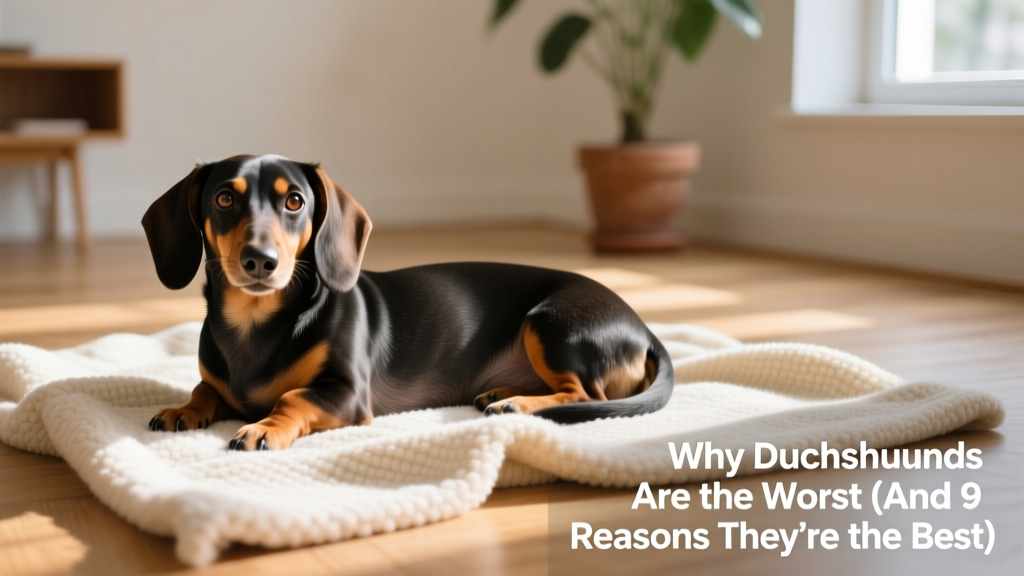 A smiling, healthy Dachshund curled up on a cozy blanket, showcasing its distinctive long body and expressive eyes