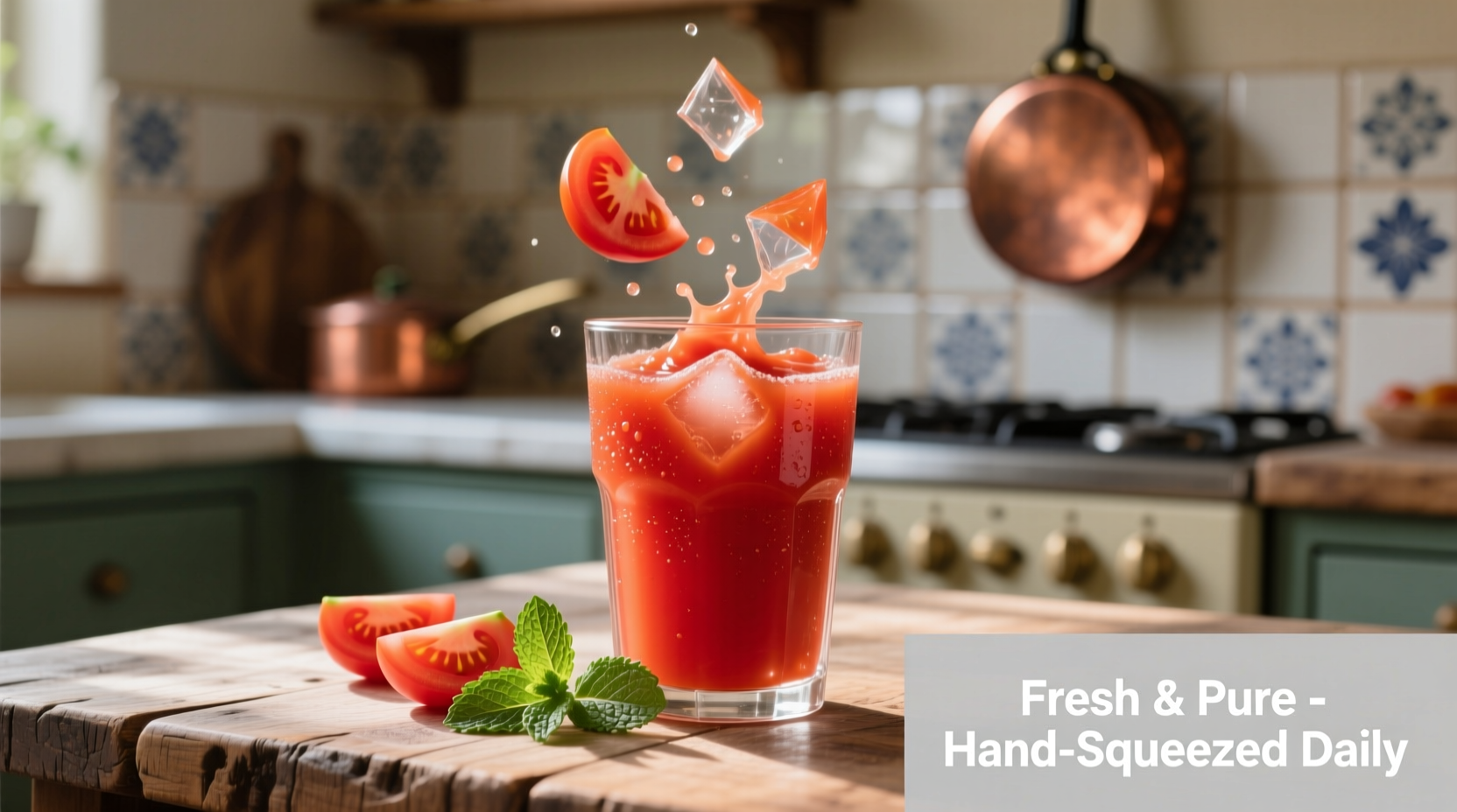 Fresh tomato juice in a glass with tomatoes