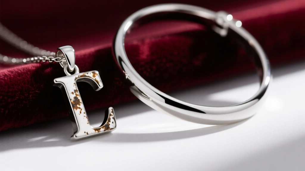 Macro shot of a tarnished silver initial pendant next to a bright rhodium-plated silver initial choker on velvet.
