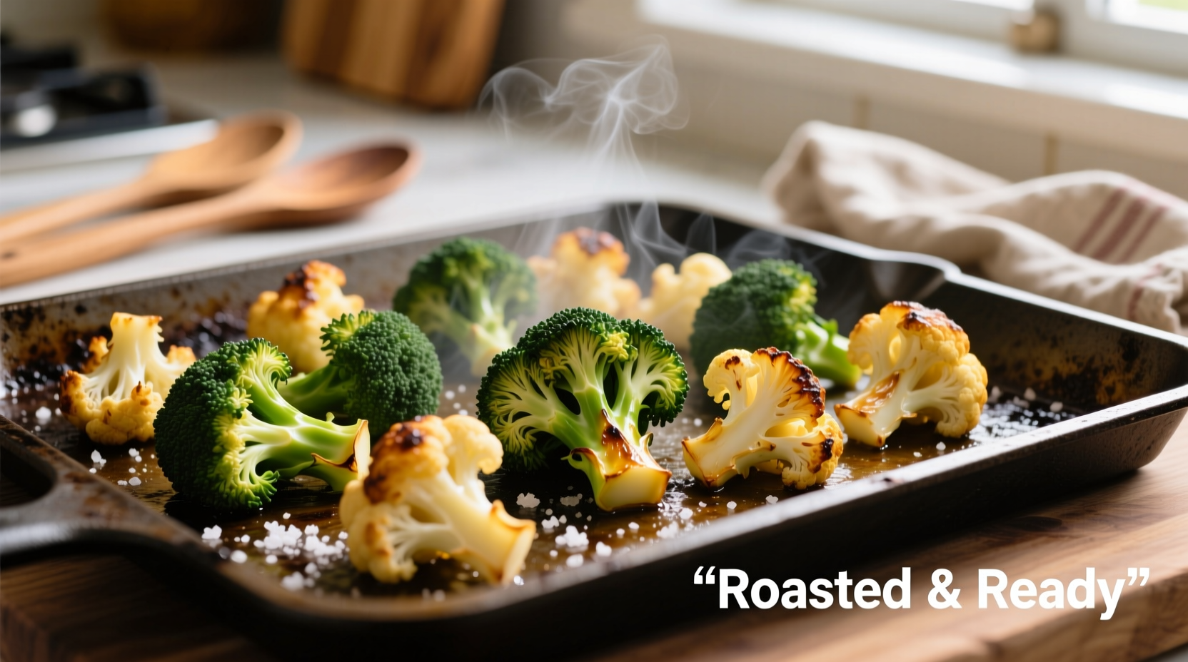 Roasted broccoli and cauliflower on baking sheet