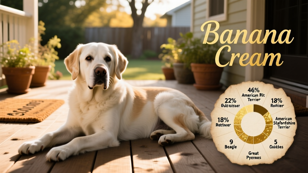 Infographic showing Banana Cream's verified breed breakdown: 46% American Pit Bull Terrier, 22% Golden Retriever, 18% American Staffordshire Terrier, 9% Beagle, 5% Great Pyrenees