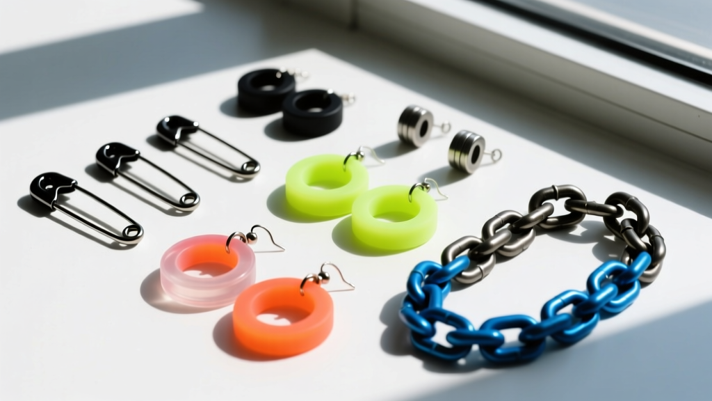 Flat lay of various grunge earring components including black niobium safety pins, silicone O-rings, and PVD-coated chain links