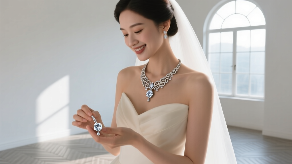 Bride examining a vintage diamond bridal necklace for rent using a jeweler's loupe in a softly lit, elegant bridal suite