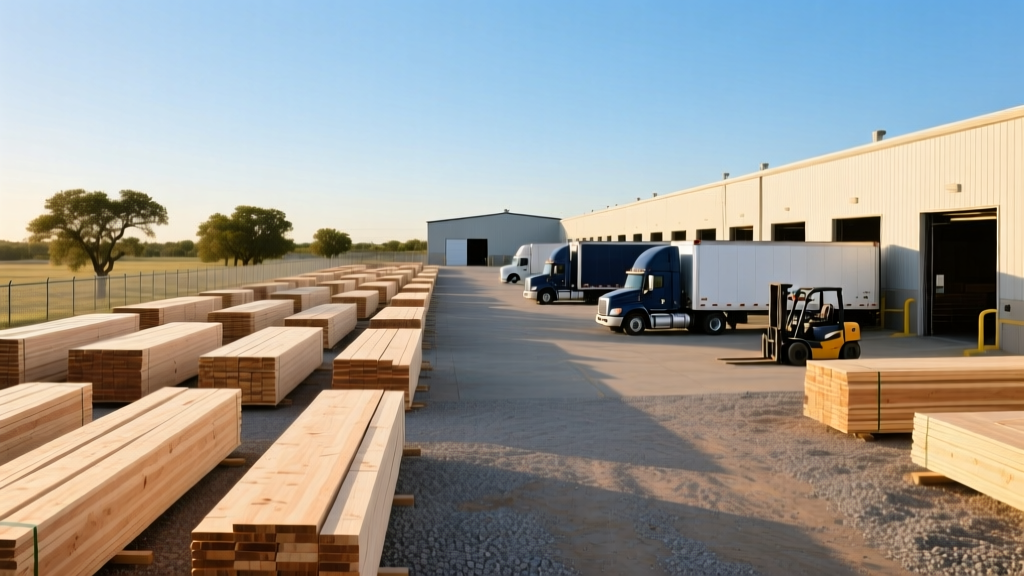 Exterior view of a large regional lumber yard in San Antonio Texas with stacked framing lumber and delivery trucks under a clear sky
