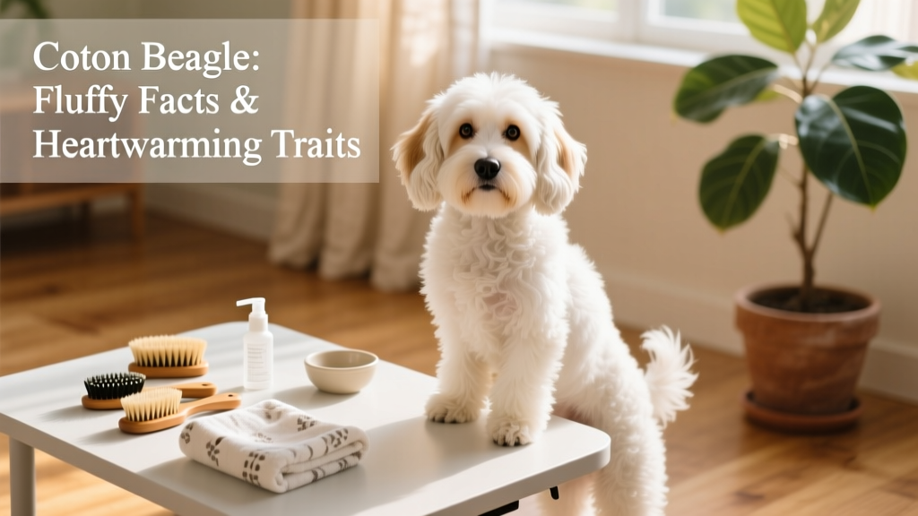 A well-groomed adult Coton Beagle standing beside a grooming table with brushes and a towel, highlighting its fluffy coat texture