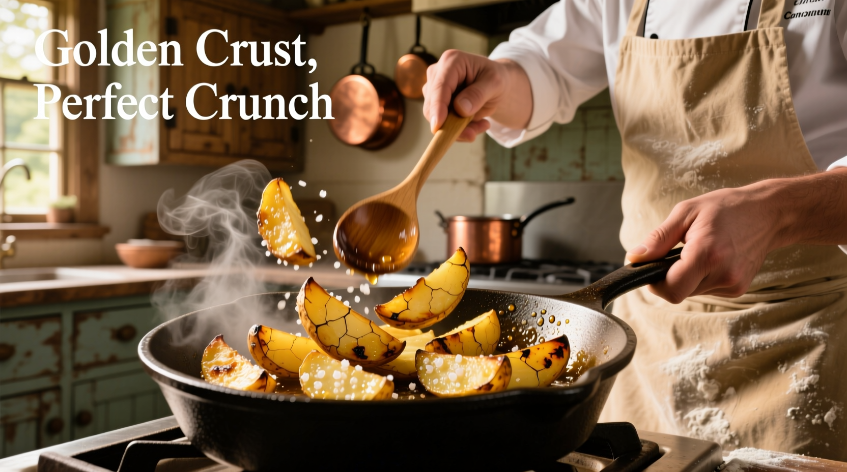 Chef preparing golden roasted potato wedges in cast iron skillet