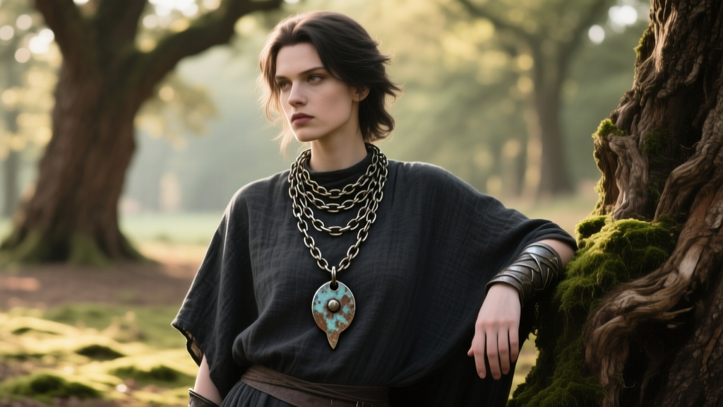 Cosplayer wearing a layered oxidized steel chain necklace with a rustic talisman pendant over a dark linen tunic, forest setting
