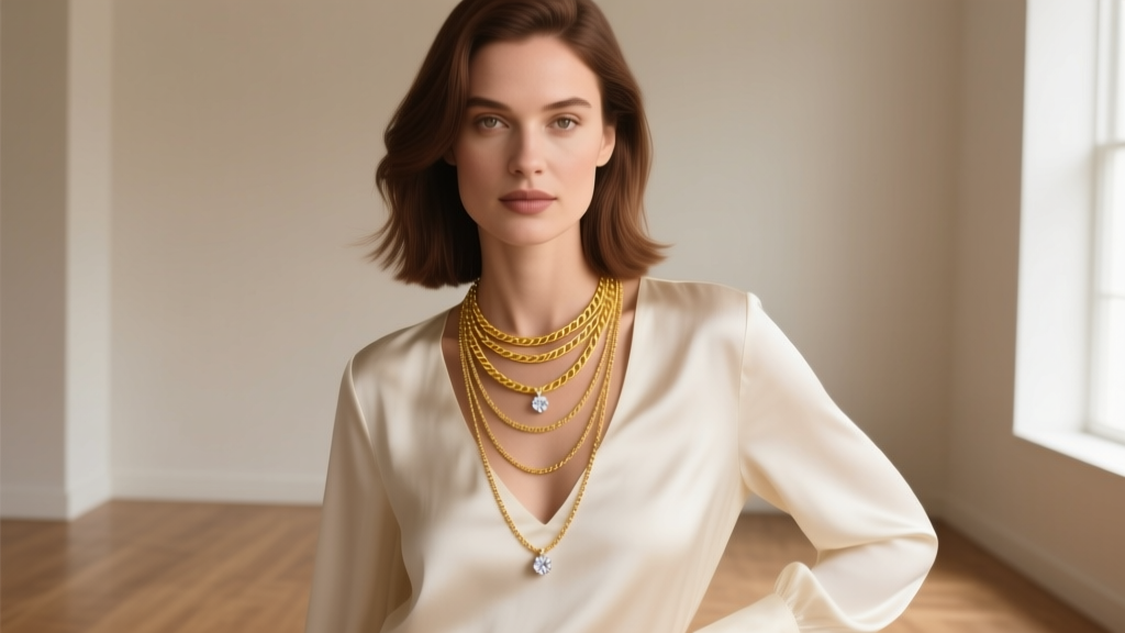 Woman wearing a three-tier 14k yellow gold layered necklace stack with a small diamond pendant, soft natural window lighting