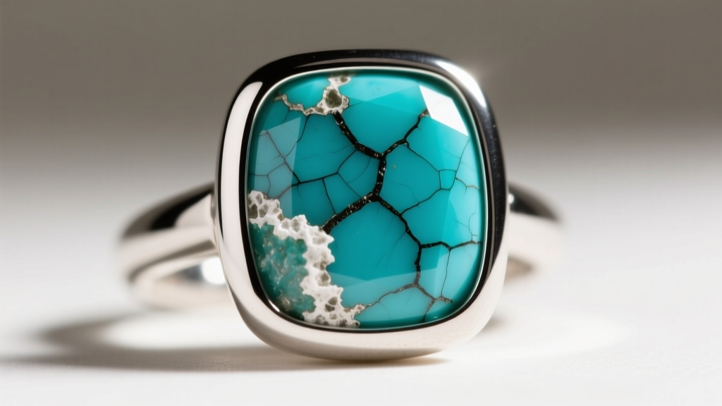 Macro shot of natural turquoise in a sterling silver bezel showing matrix cracking and white chalking around the edges of the stone