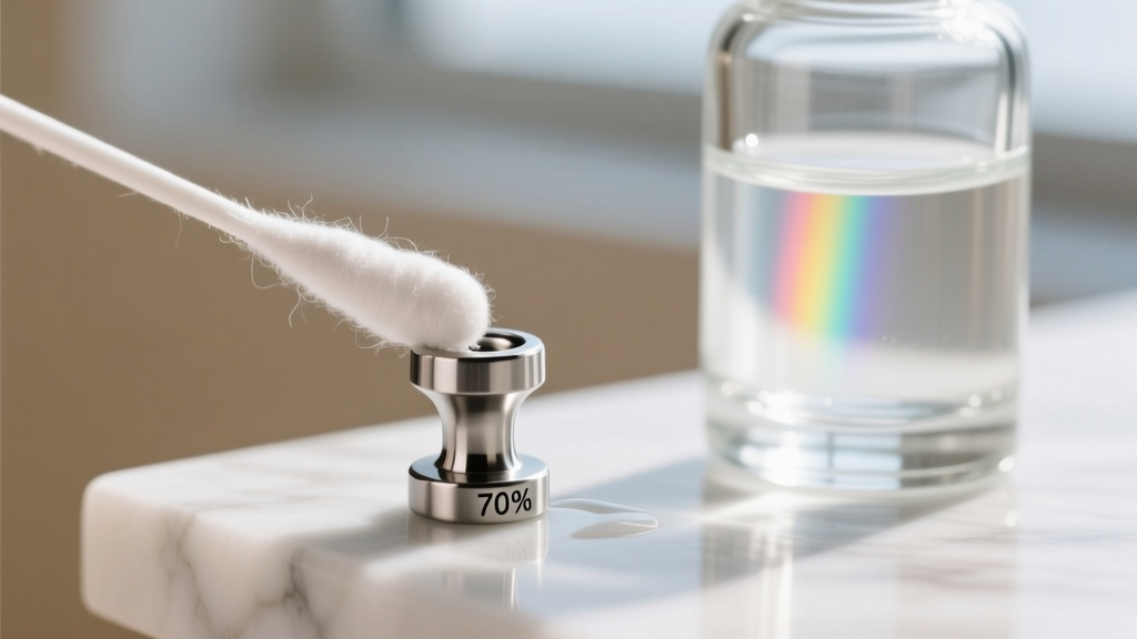 Macro shot of a cotton swab with 70% isopropyl alcohol wiping a titanium labret stud post next to a clear glass bottle