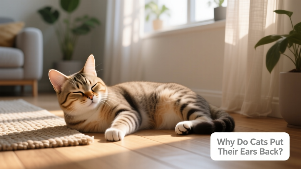 A relaxed, contented cat with gently folded-back ears, lying on its side in a sunlit spot