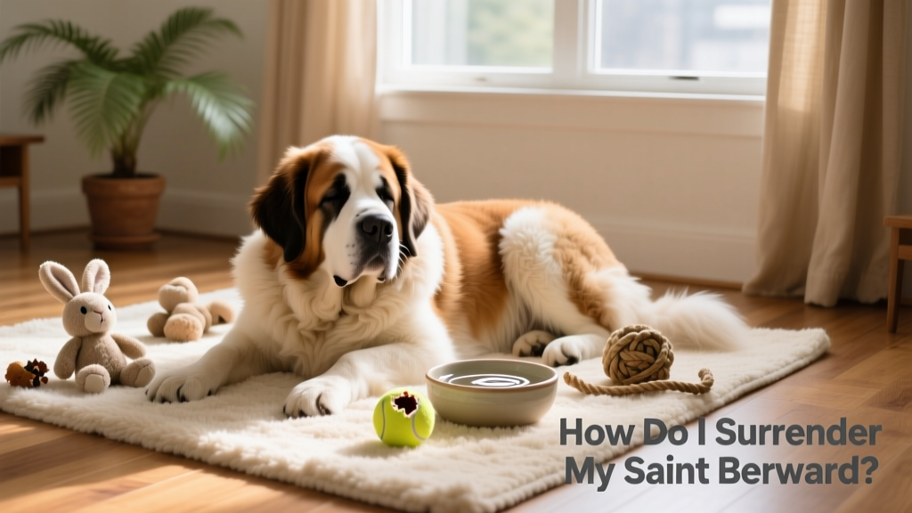 A Saint Bernard resting peacefully on a soft rug indoors, surrounded by toys and a water bowl