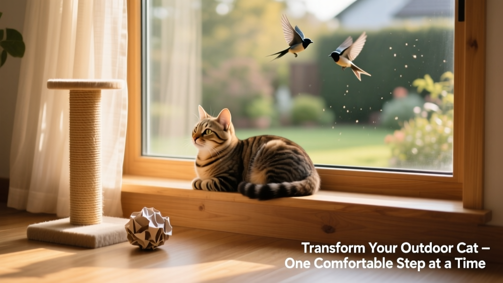 A relaxed cat curled up on a sunlit windowsill, watching birds outside, with a nearby scratching post and toy within easy reach