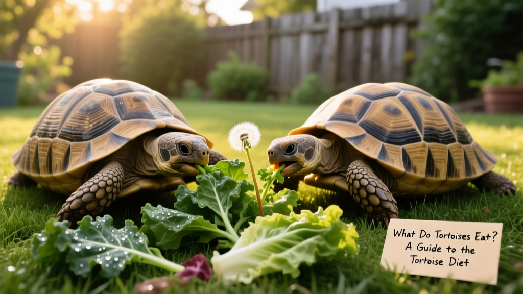 two tortoises eating leafy greens on fresh grass