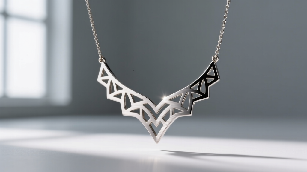 Grade 23 titanium Hamza necklace with brushed finish, showing precision laser-cut edges against a soft grey studio backdrop.