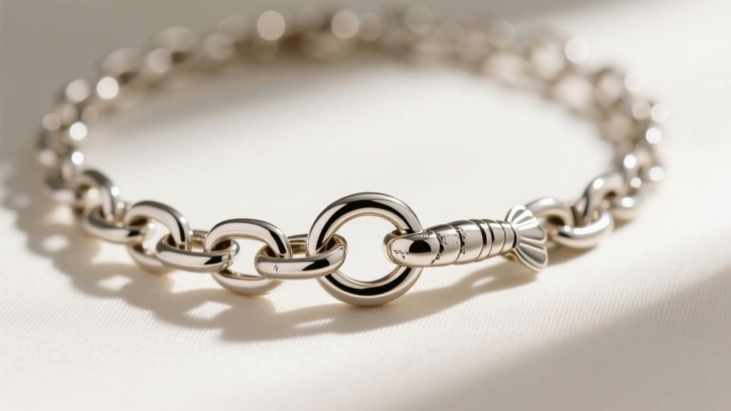 Macro photography of an 18k white gold VCA necklace chain link and lobster clasp showing slight rhodium wear near the jump ring.