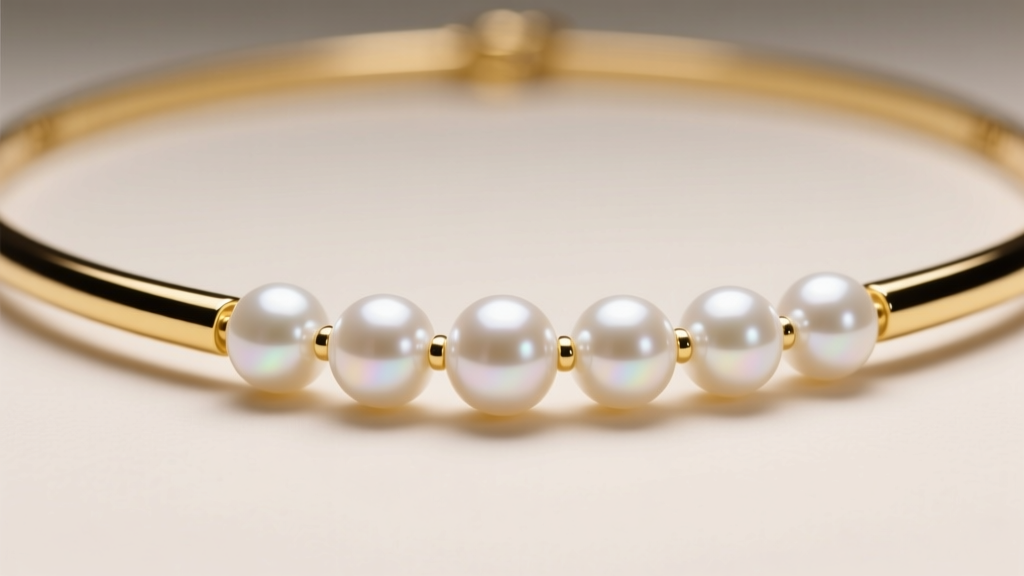 Macro shot of a Tasaki Balance necklace with white Akoya pearls mounted on a polished 18k yellow gold bar under soft lighting
