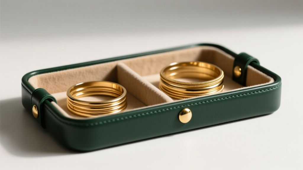 Dark green vegan leather jewelry organizer tray with brass snaps, revealing anti-tarnish suede lining and stacked gold bangles.