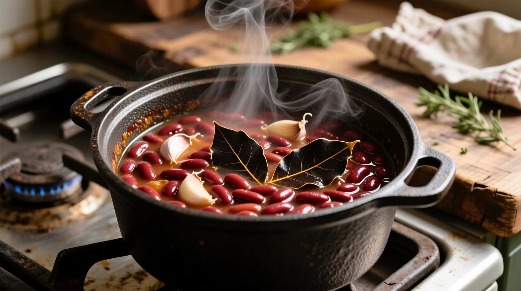 Simmering red beans with garlic and bay leaves in cast iron pot