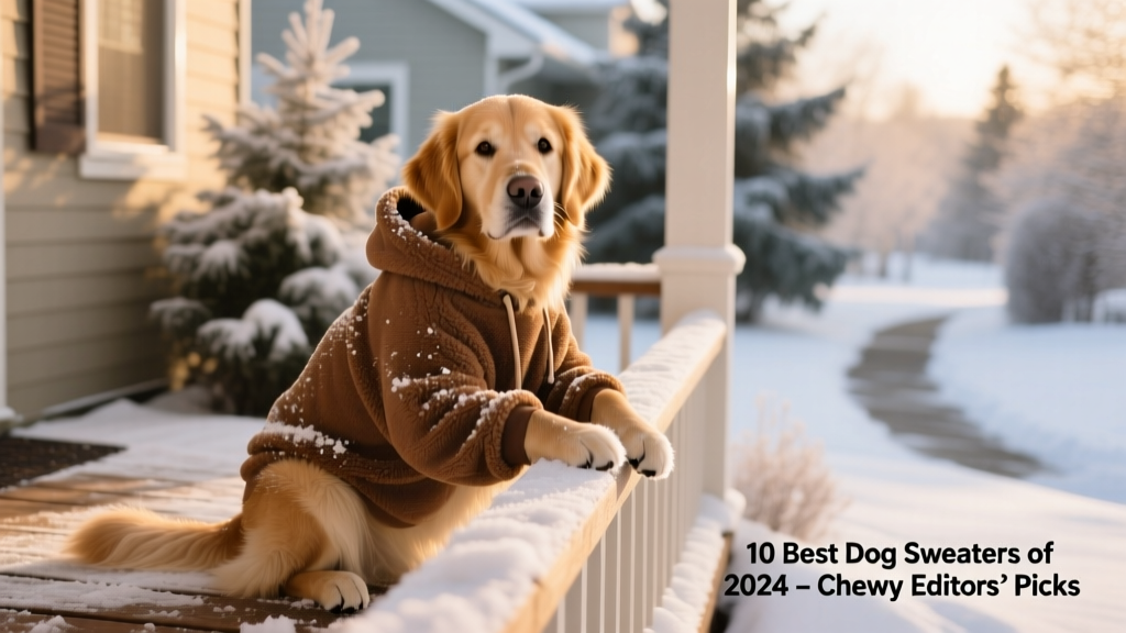 A golden retriever wearing a soft brown fleece hoodie, sitting calmly on a snowy porch