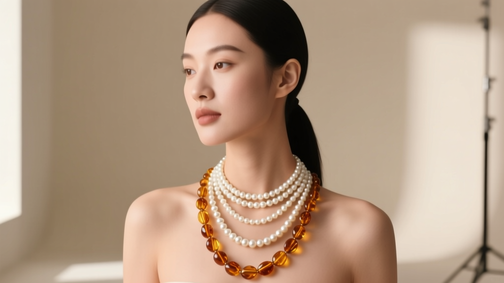 Woman wearing a layered amber and pearl necklace set, featuring a delicate 16-inch pearl choker and a 22-inch amber strand