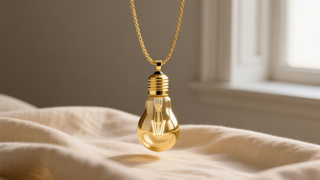 Gold-plated light bulb pendant on beige linen, soft window lighting highlighting the delicate cable chain and metallic texture.