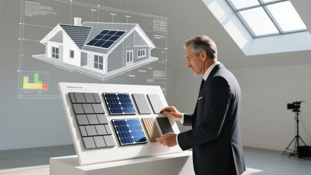 Architect reviewing a material sample board featuring synthetic slate and integrated solar shingles on a modern residential roof blueprint
