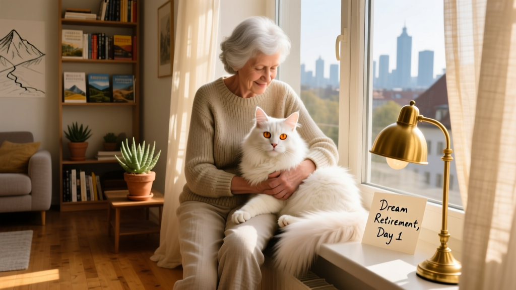 Barb gently holding Bear the cat on a sunlit windowsill in a cozy Munich apartment