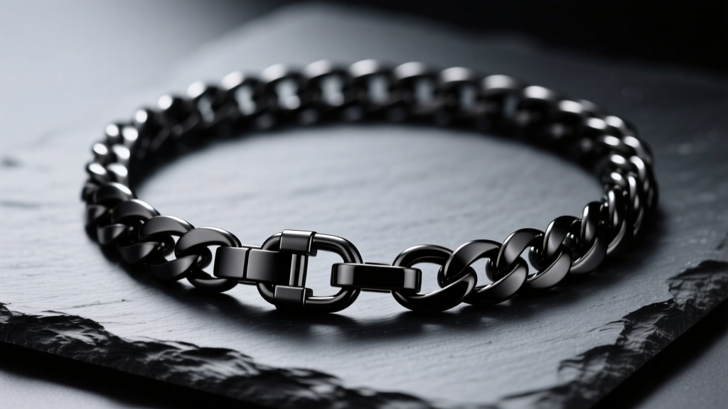 Close-up of a black PVD titanium Cuban link chain necklace on dark slate, highlighting the matte finish and sturdy lobster clasp.