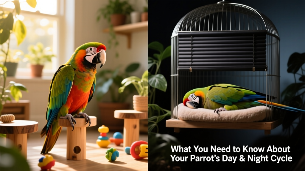 Side-by-side comparison showing a parrot in a brightly lit daytime environment versus a serene, darkened sleep space with covered cage and blackout blinds