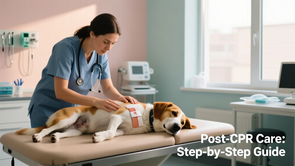 Veterinarian calmly examining a recovering dog in a clinic setting, highlighting the importance of post-CPR professional care