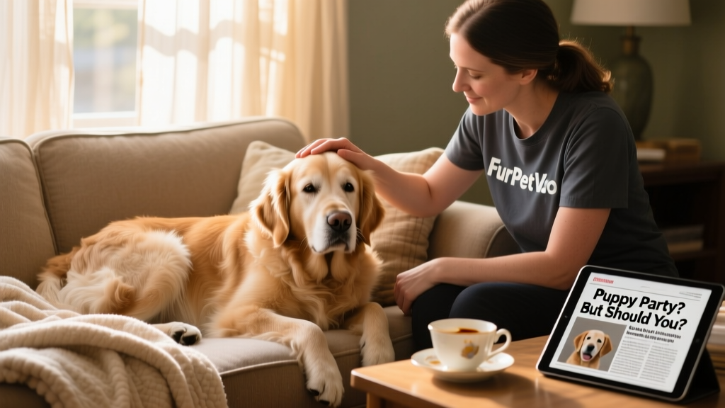 An older, gentle golden retriever resting calmly beside a volunteer on a cozy couch during a FurPetVo senior dog sleepover program