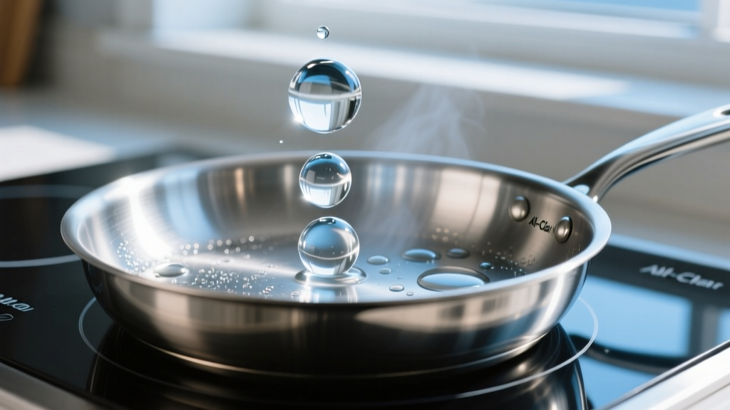 Water droplets forming spheres in a hot All-Clad stainless steel skillet demonstrating the Leidenfrost effect on an induction cooktop