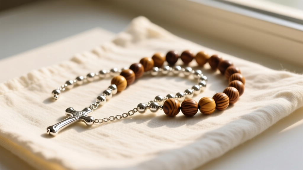 Sterling silver rosary and sandalwood mala beads resting on linen cloth in warm morning light, flat lay