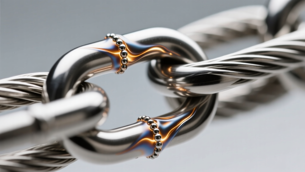 Extreme close-up of a laser-welded seam on a 2mm 316L stainless steel cable chain link, showing precise metallurgical fusion details.