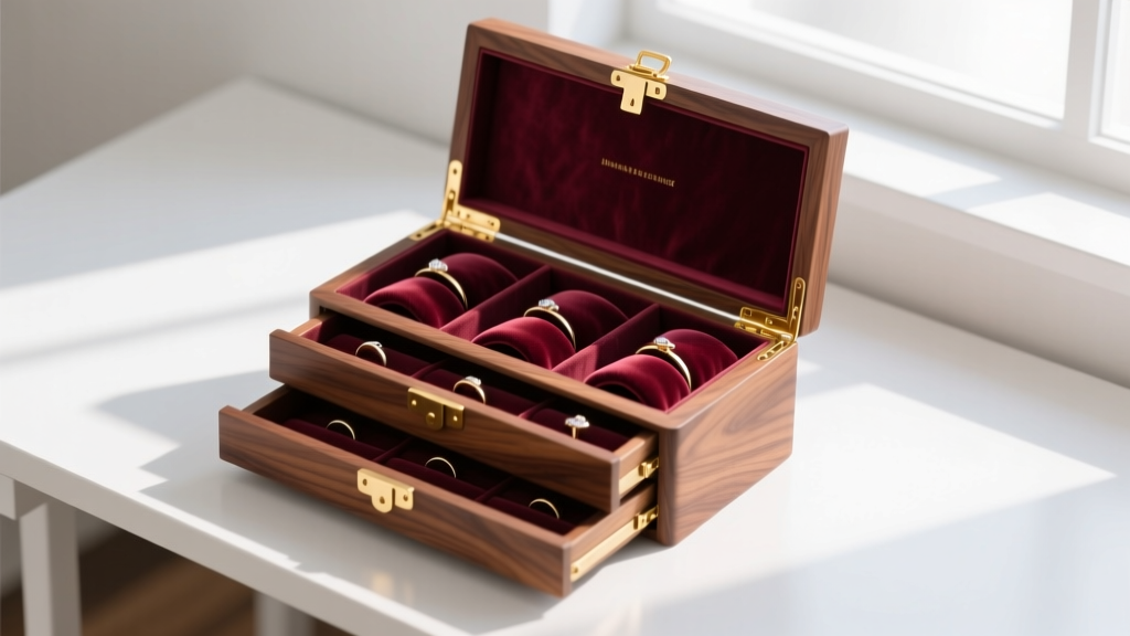 Overhead view of a walnut jewelry box with open drawers, velvet ring rolls, and brass hinges on a bright workbench.