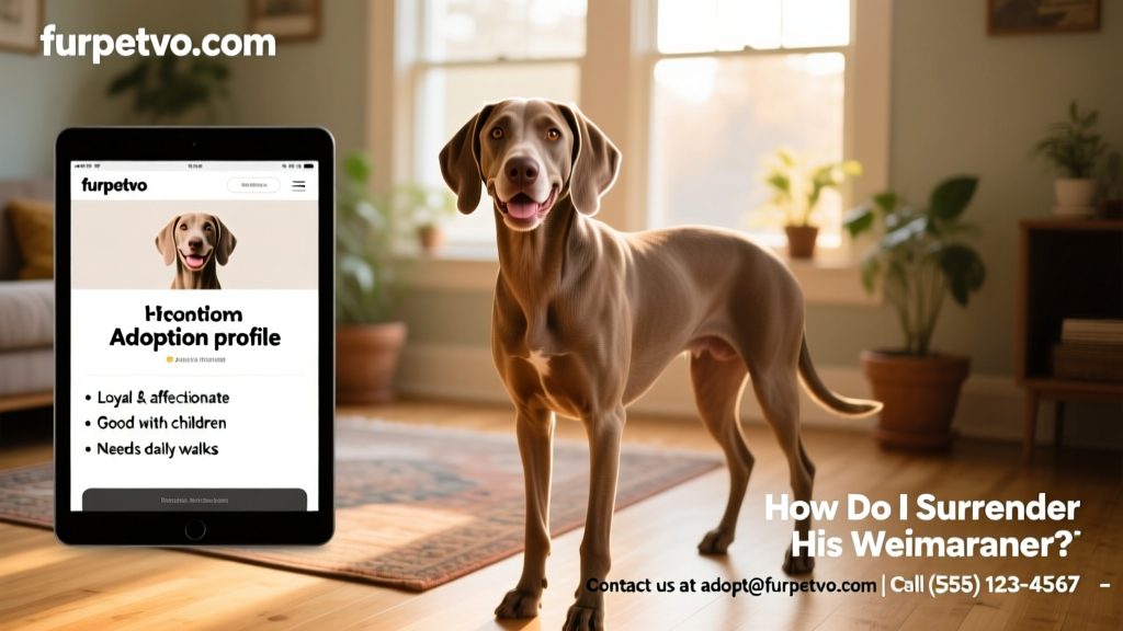 A well-organized adoption profile page on furpetvo.com featuring a smiling Weimaraner, bullet-pointed traits, and clear contact instructions