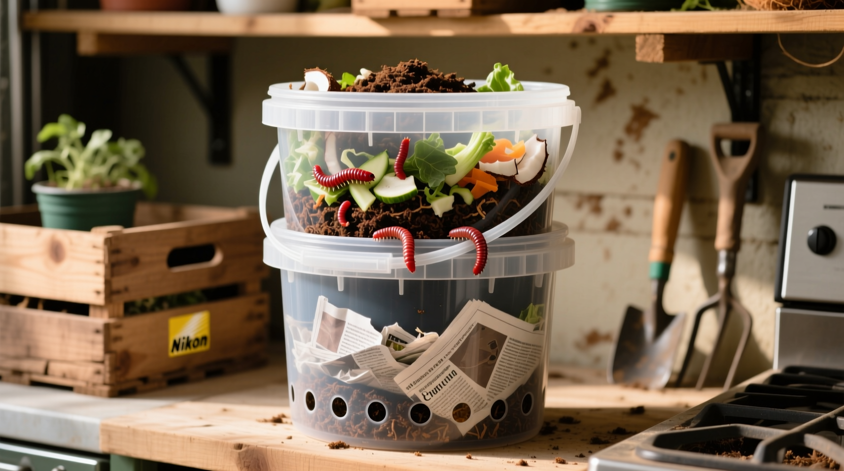 inexpensive worm bin from plastic buckets