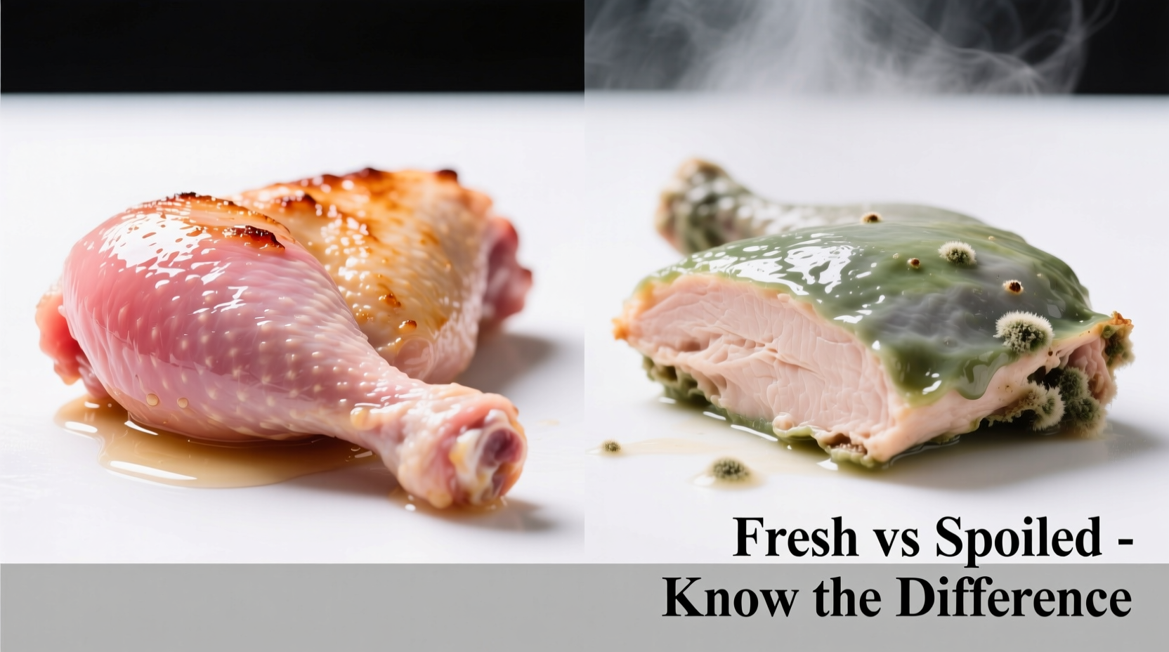 Close-up of fresh versus spoiled cooked chicken