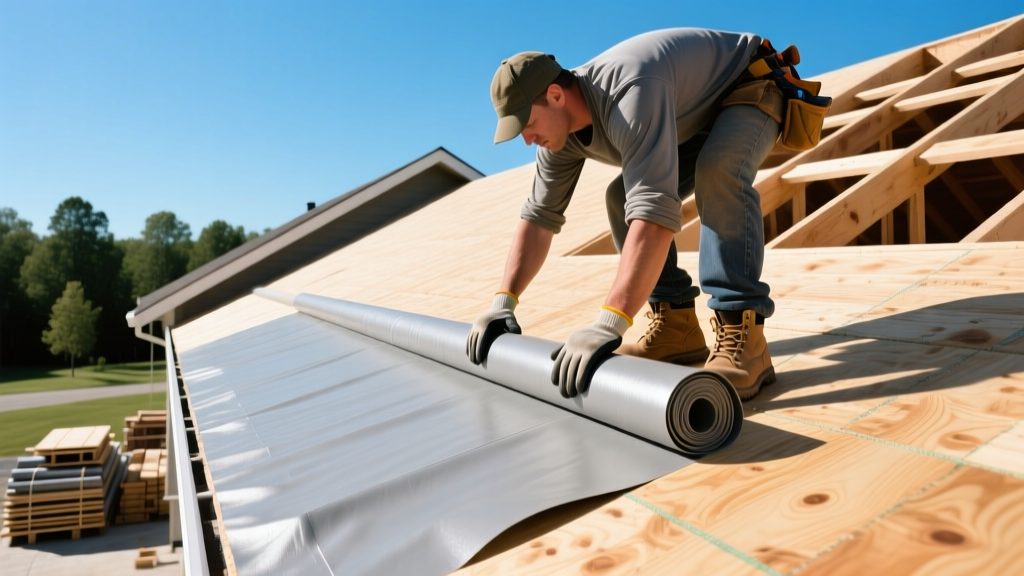 Contractor unrolling synthetic roofing underlayment over bare plywood roof deck during bright sunny residential construction
