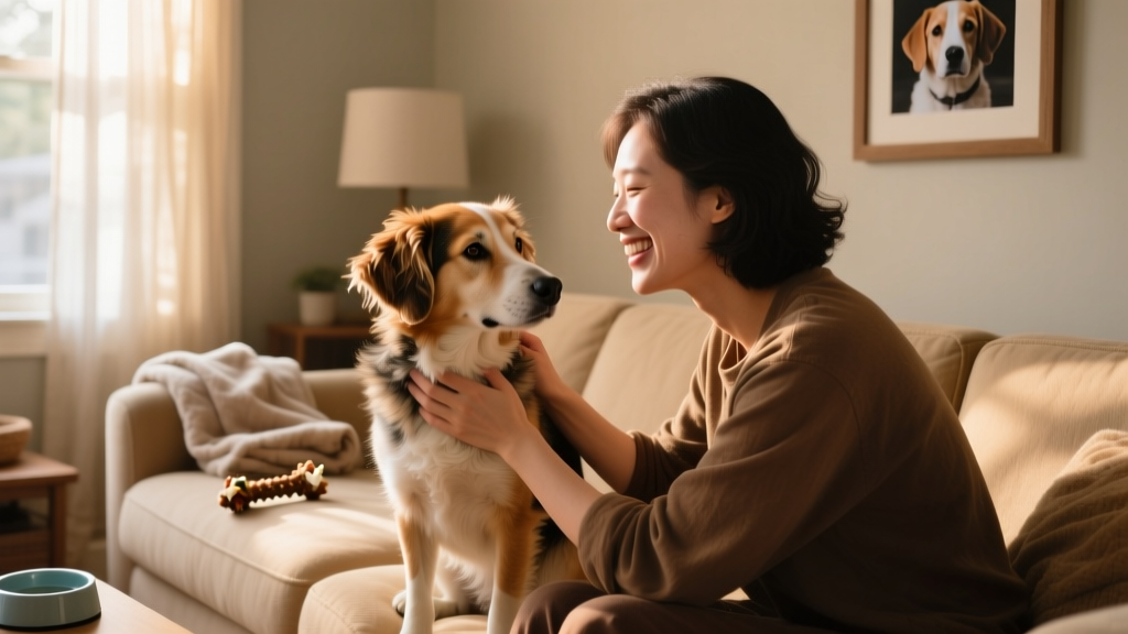 A smiling person gently petting a calm, medium-sized mixed-breed dog in a cozy living room setting