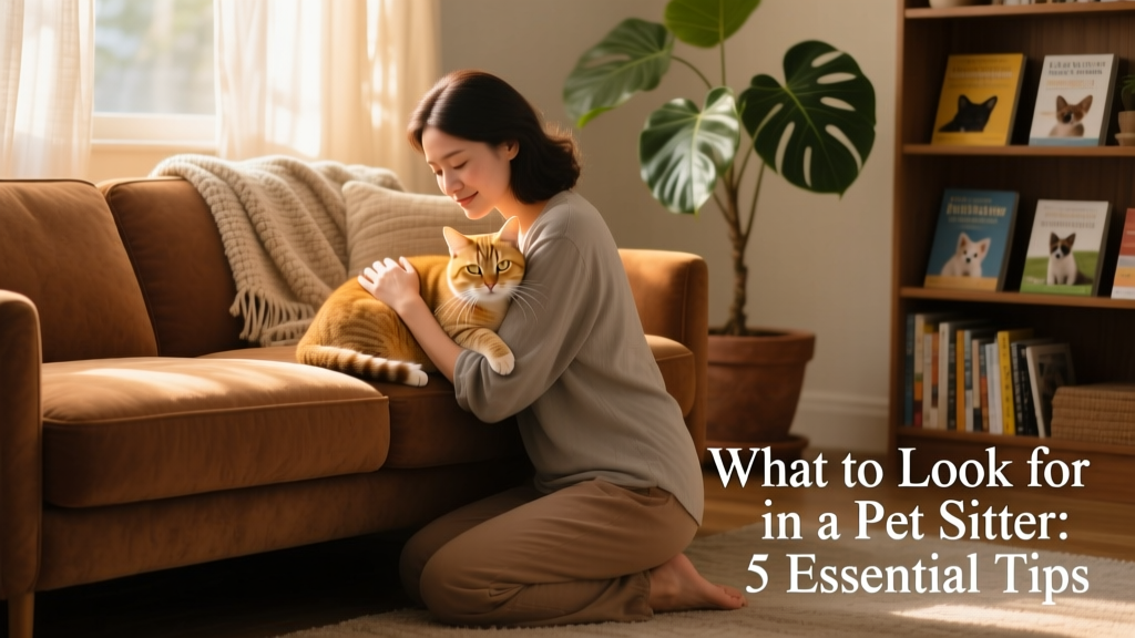 A sitter kneeling beside a calm cat on a cozy sofa, offering gentle attention