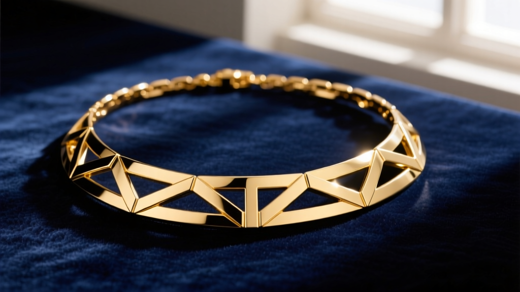 A polished 18k tri gold necklace laid flat on a velvet jeweler's tray next to a digital caliper and a gold testing acid kit