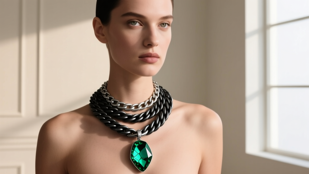 Model wearing a layered necklace setup featuring a 20-inch blackened silver rope chain holding a large tourmaline rift pendant.