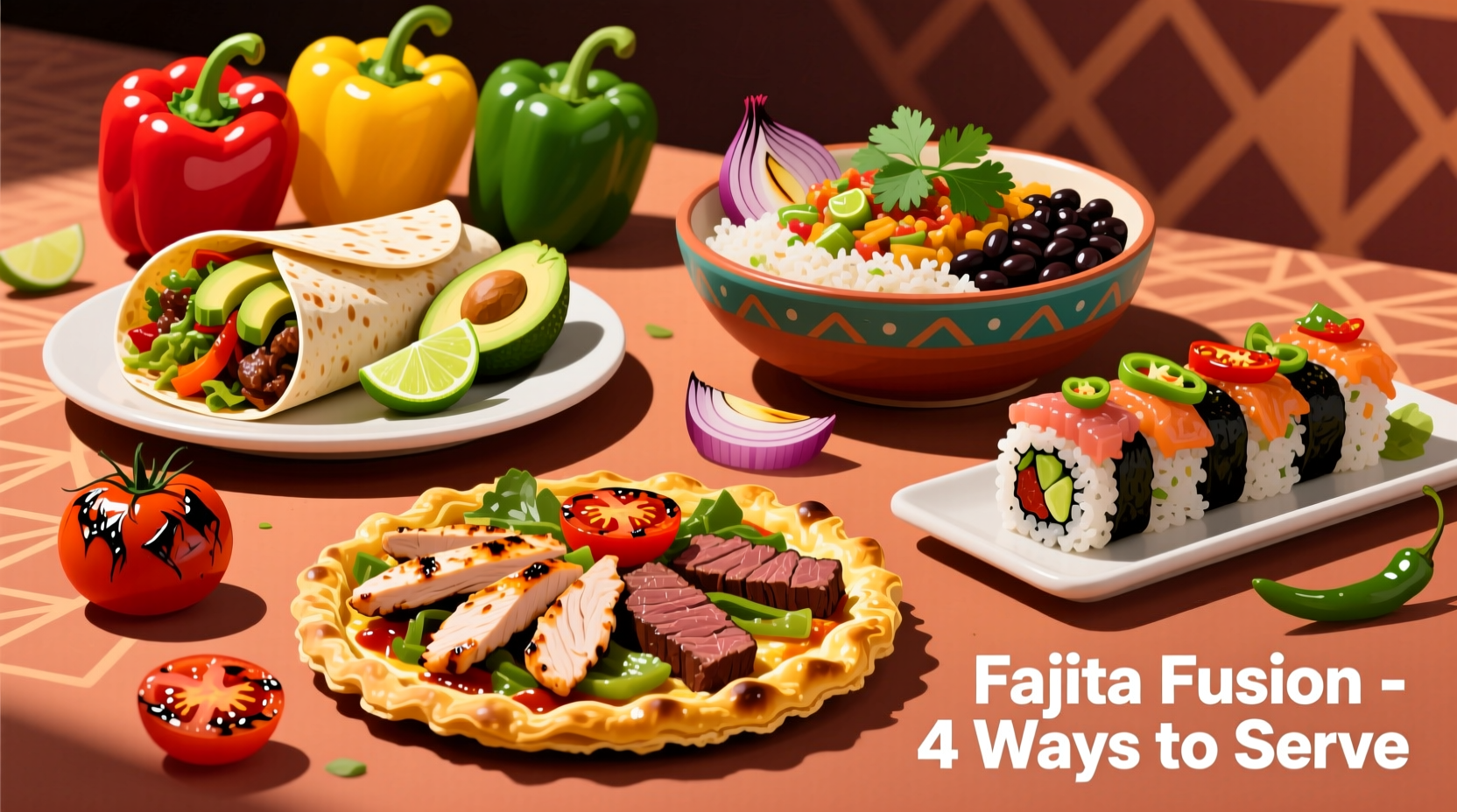 Colorful fajita ingredients transformed into multiple meal options